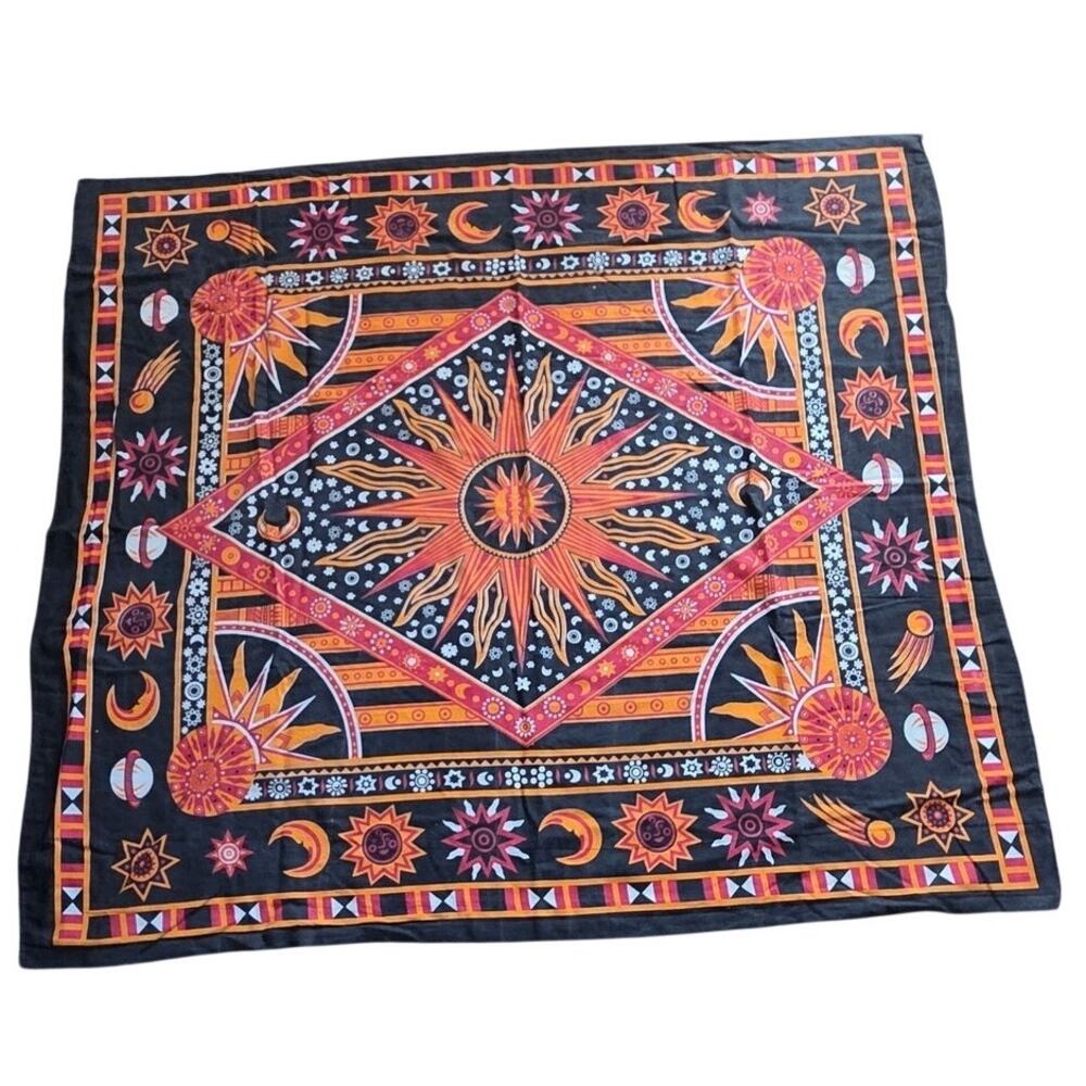 Hippie Burning Sun Moon Planets Zodiac Table Cloth 50" Square Boho Chic Mandala